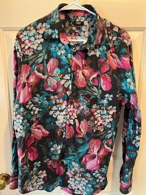 Express Floral Button-Front Shirt - Teal, Pink & Yellow on Black
